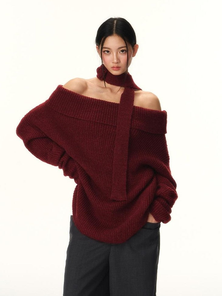 RedBling Two Tone Bateau Neck Slouchy Women's Knit Off-shoulder Sweaters