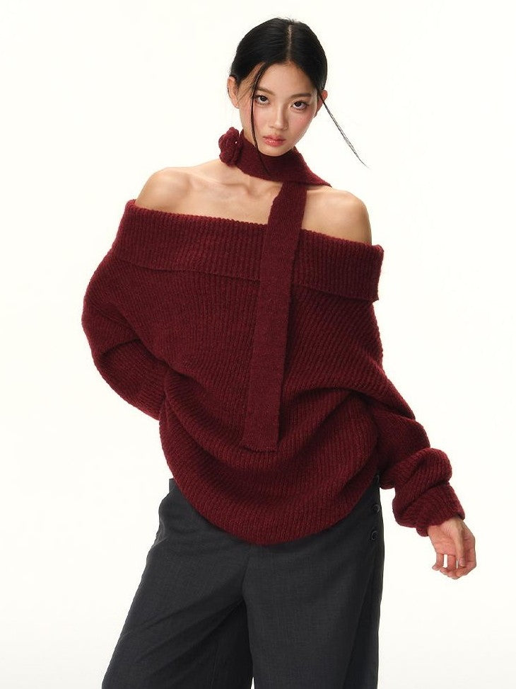RedBling Two Tone Bateau Neck Slouchy Women's Knit Off-shoulder Sweaters