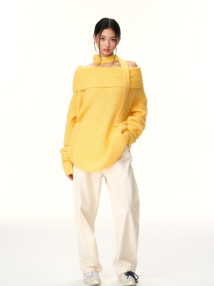 RedBling Two Tone Bateau Neck Slouchy Women's Knit Off-shoulder Sweaters