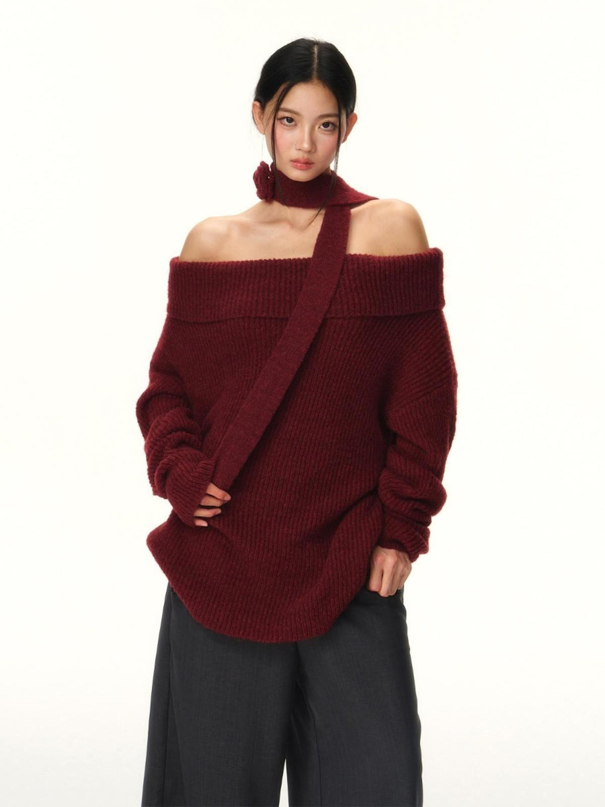 RedBling Two Tone Bateau Neck Slouchy Women's Knit Off-shoulder Sweaters