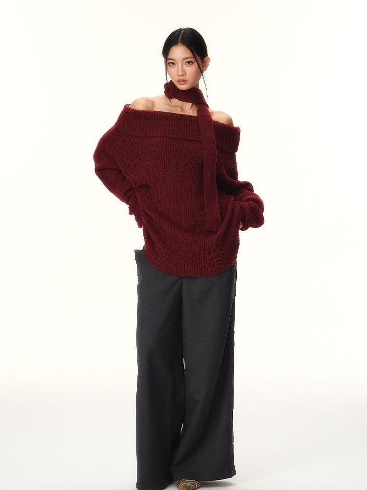 RedBling Two Tone Bateau Neck Slouchy Women's Knit Off-shoulder Sweaters