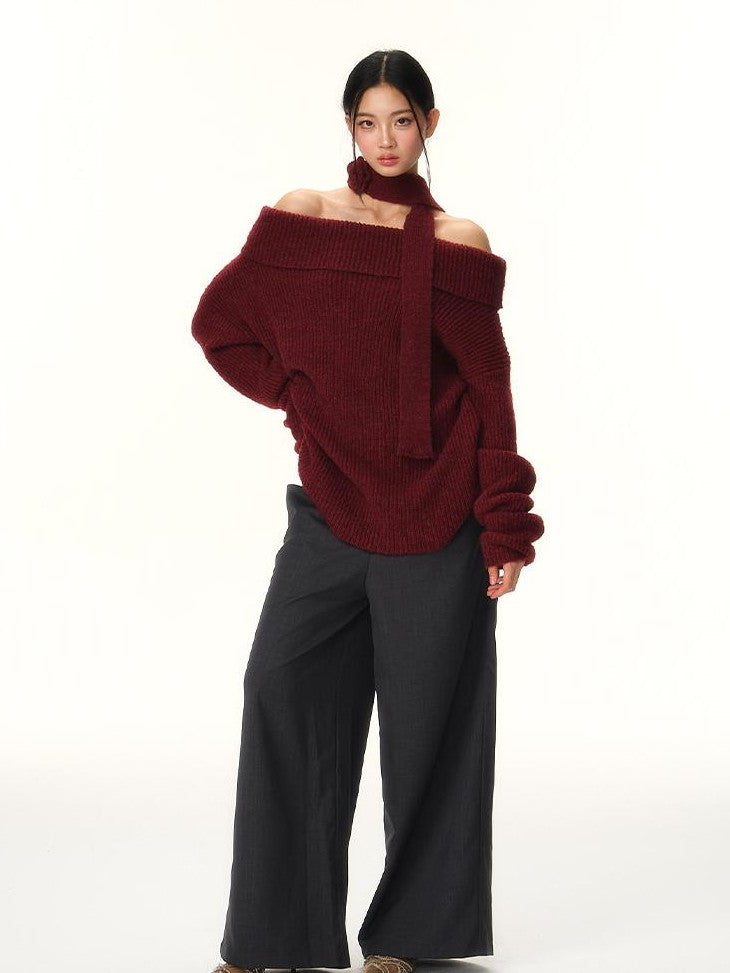 RedBling Two Tone Bateau Neck Slouchy Women's Knit Off-shoulder Sweaters