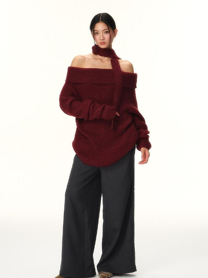 RedBling Two Tone Bateau Neck Slouchy Women's Knit Off-shoulder Sweaters