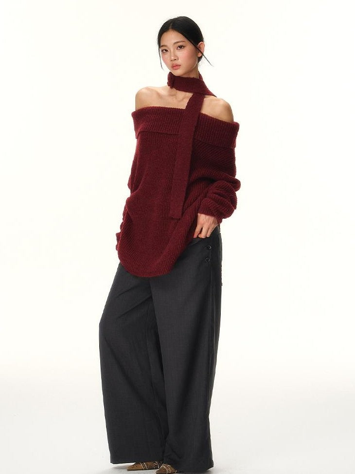 RedBling Two Tone Bateau Neck Slouchy Women's Knit Off-shoulder Sweaters