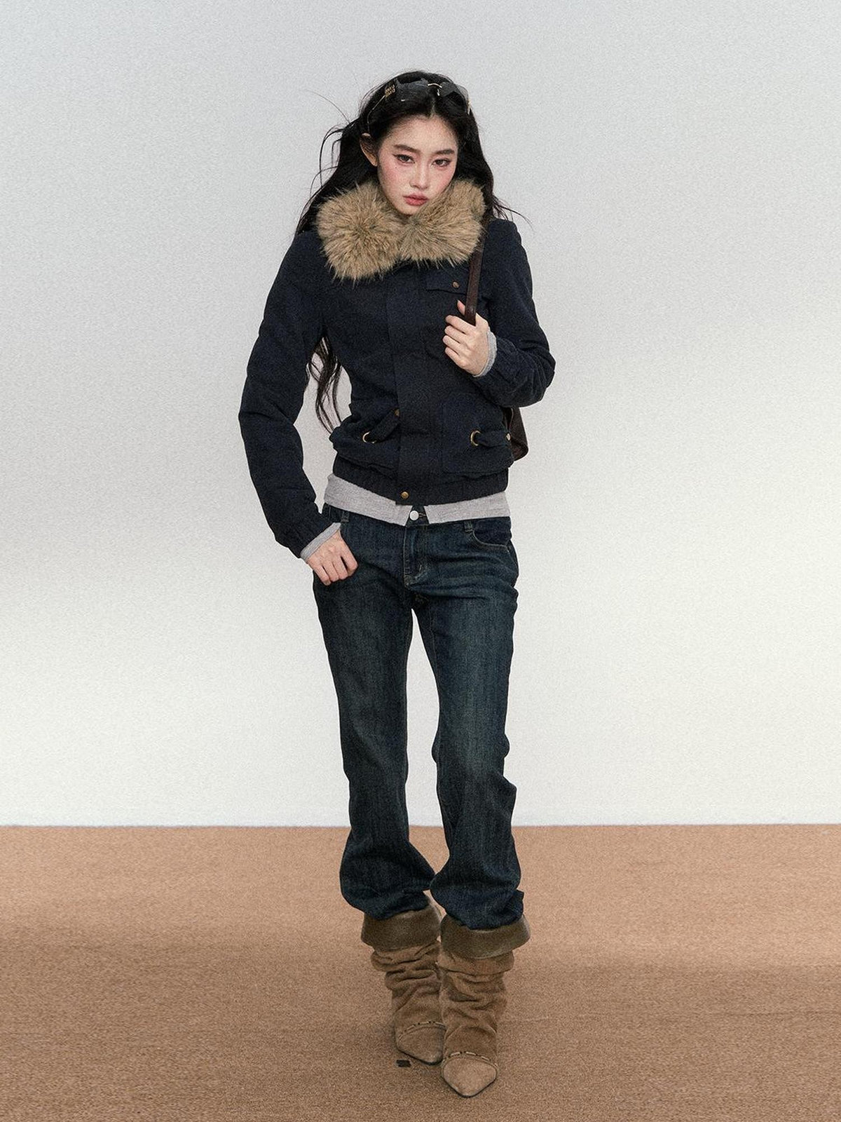 RedBling Vintage Distressed Patchwork Fur Collar Slim Cropped Women's Casual Jackets
