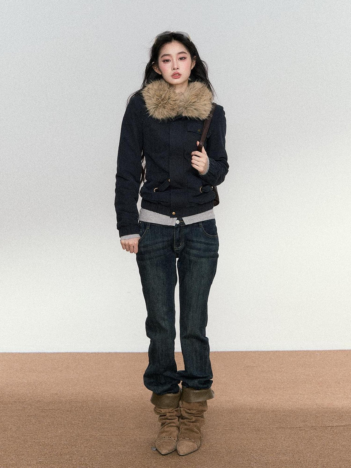 RedBling Vintage Distressed Patchwork Fur Collar Slim Cropped Women's Casual Jackets