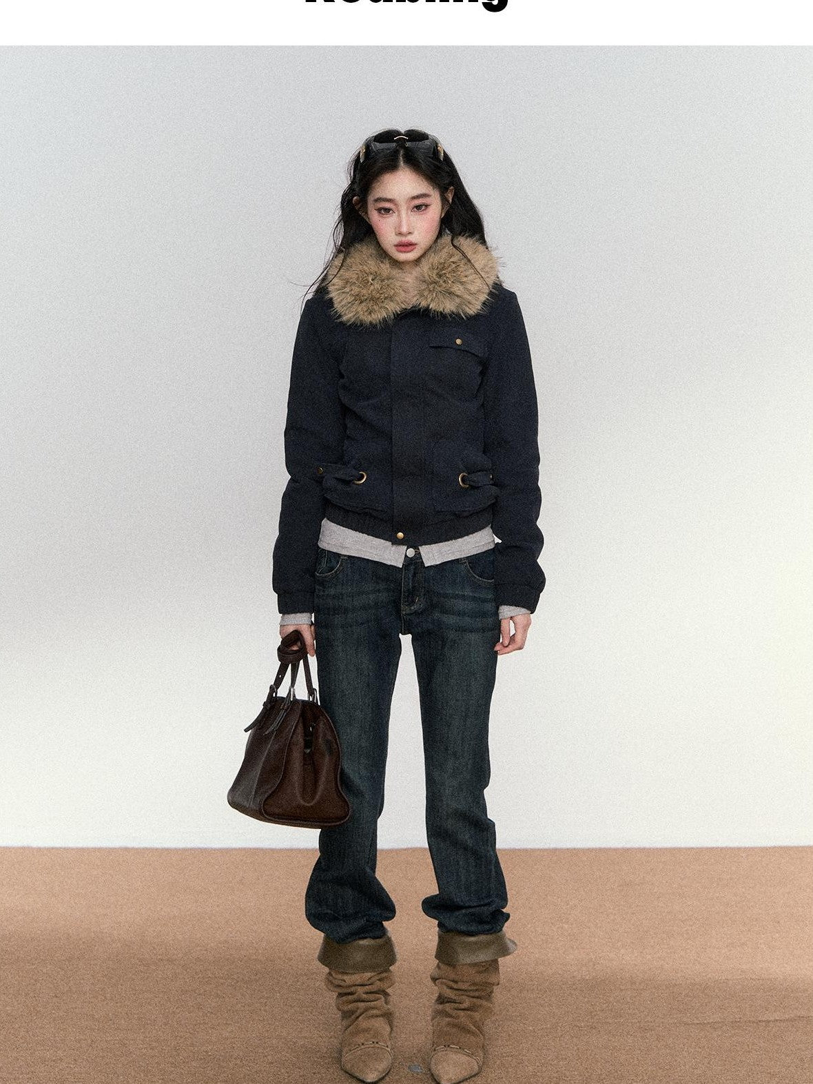 RedBling Vintage Distressed Patchwork Fur Collar Slim Cropped Women's Casual Jackets