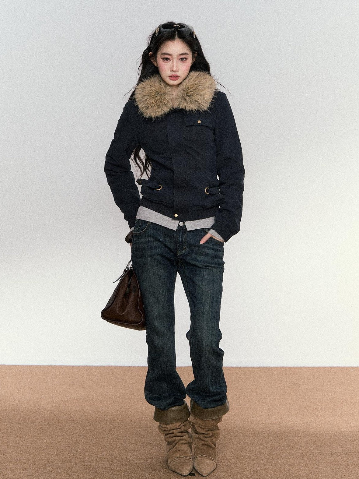 RedBling Vintage Distressed Patchwork Fur Collar Slim Cropped Women's Casual Jackets