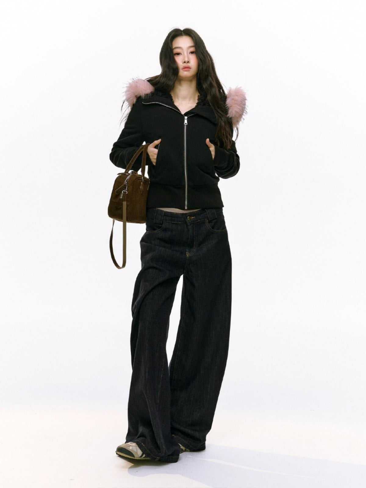 RedBling Vintage Fur Collar Hooded Zipper Pockets Women's Fleece Zip-up Hoodies