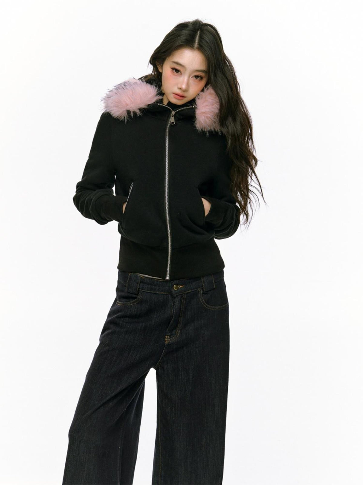 RedBling Vintage Fur Collar Hooded Zipper Pockets Women's Fleece Zip-up Hoodies