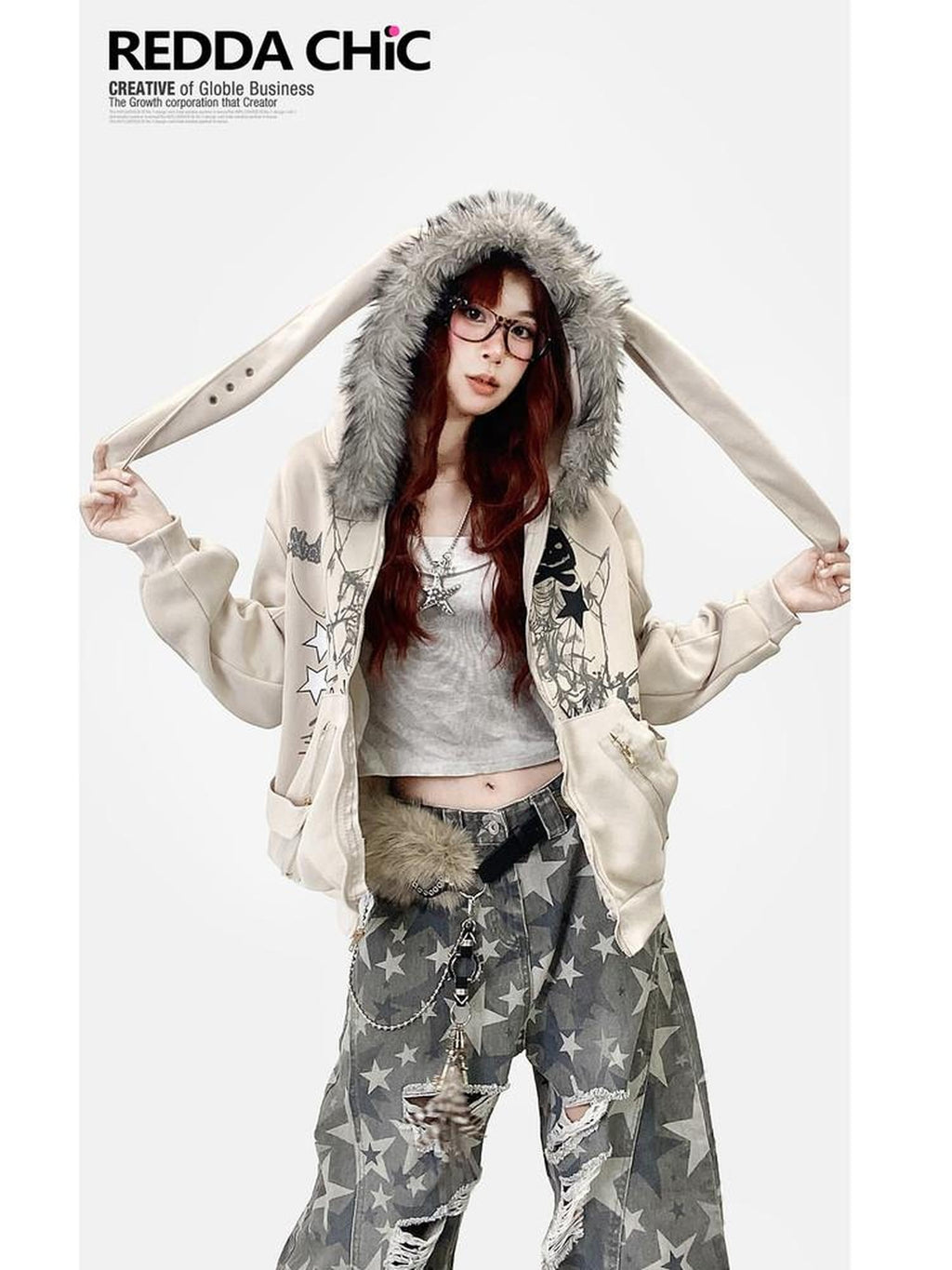 ReddaChic Apricot Loose Fit Hooded Zip Cardigan Cartoon Print Long Sleeve T-Shirts