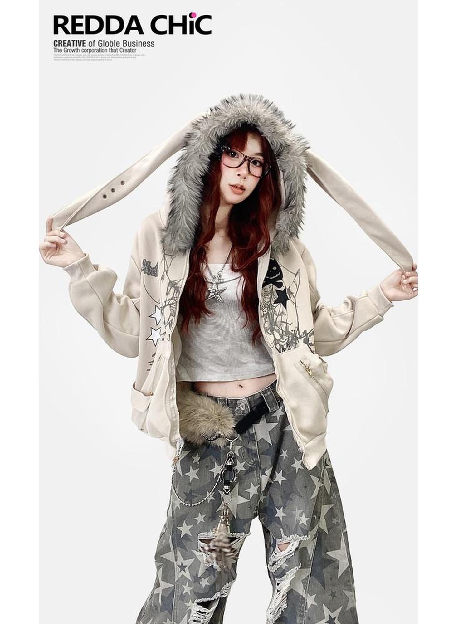 ReddaChic Apricot Loose Fit Hooded Zip Cardigan Cartoon Print Long Sleeve T-Shirts