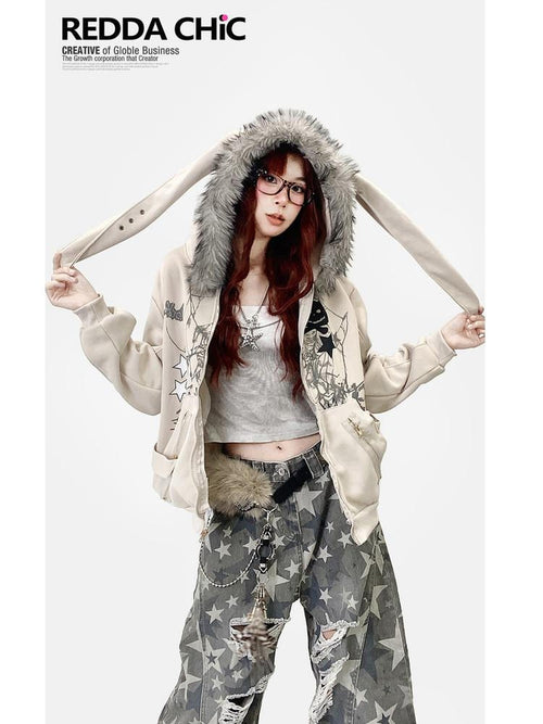 ReddaChic Apricot Loose Fit Hooded Zip Cardigan Cartoon Print Long Sleeve T-Shirts