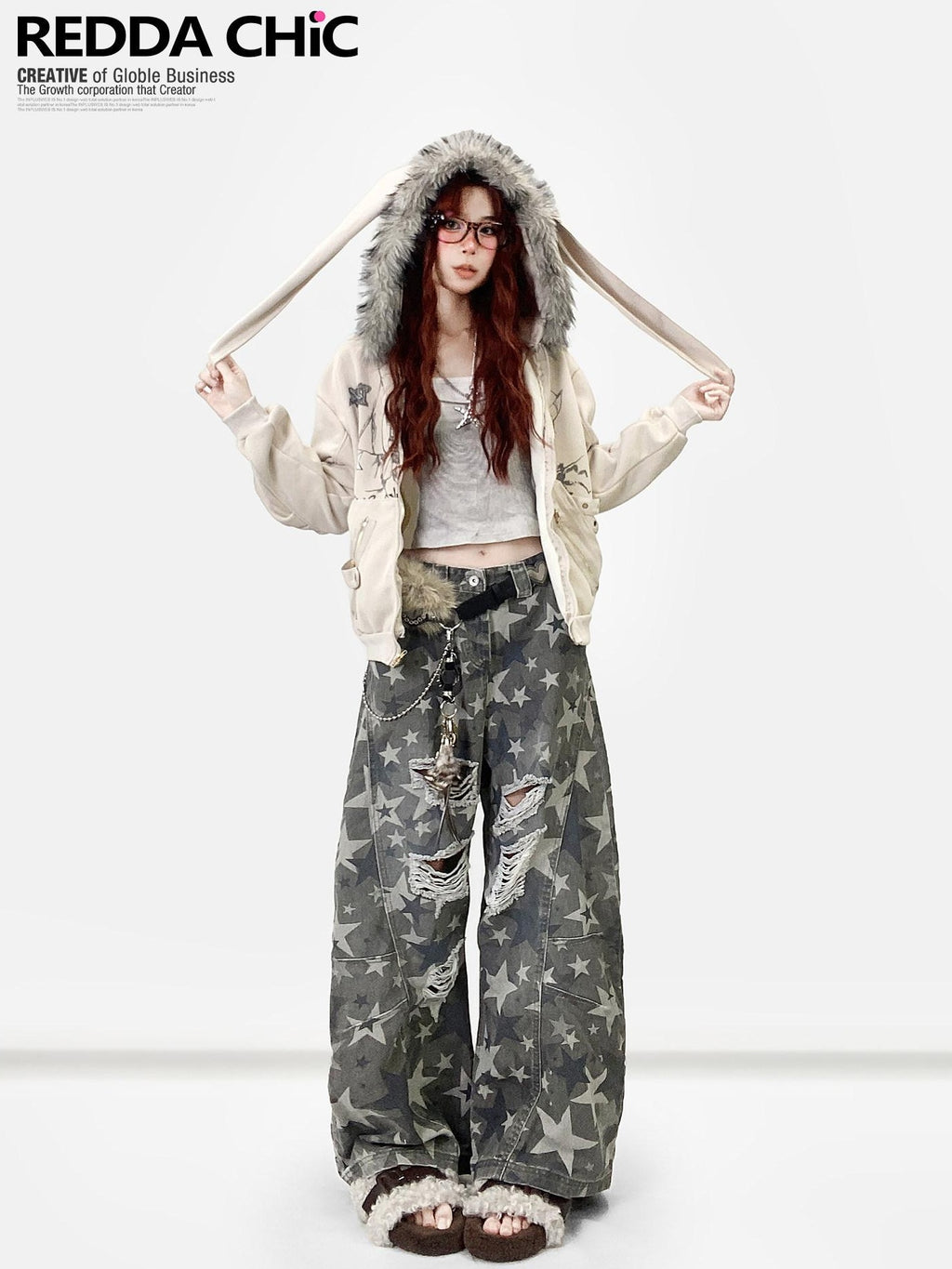 ReddaChic Apricot Loose Fit Hooded Zip Cardigan Cartoon Print Long Sleeve T-Shirts