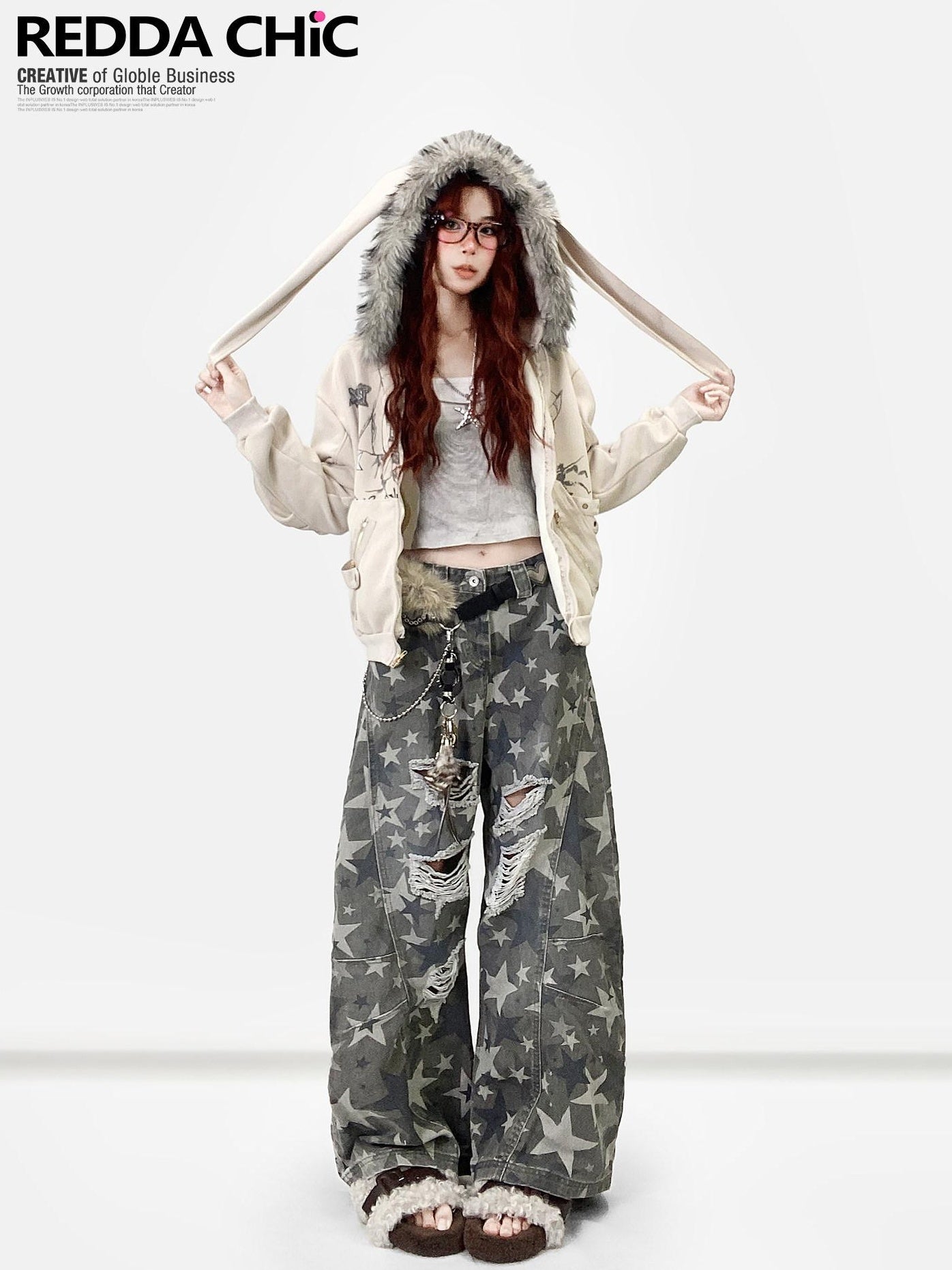 ReddaChic Apricot Loose Fit Hooded Zip Cardigan Cartoon Print Long Sleeve T-Shirts
