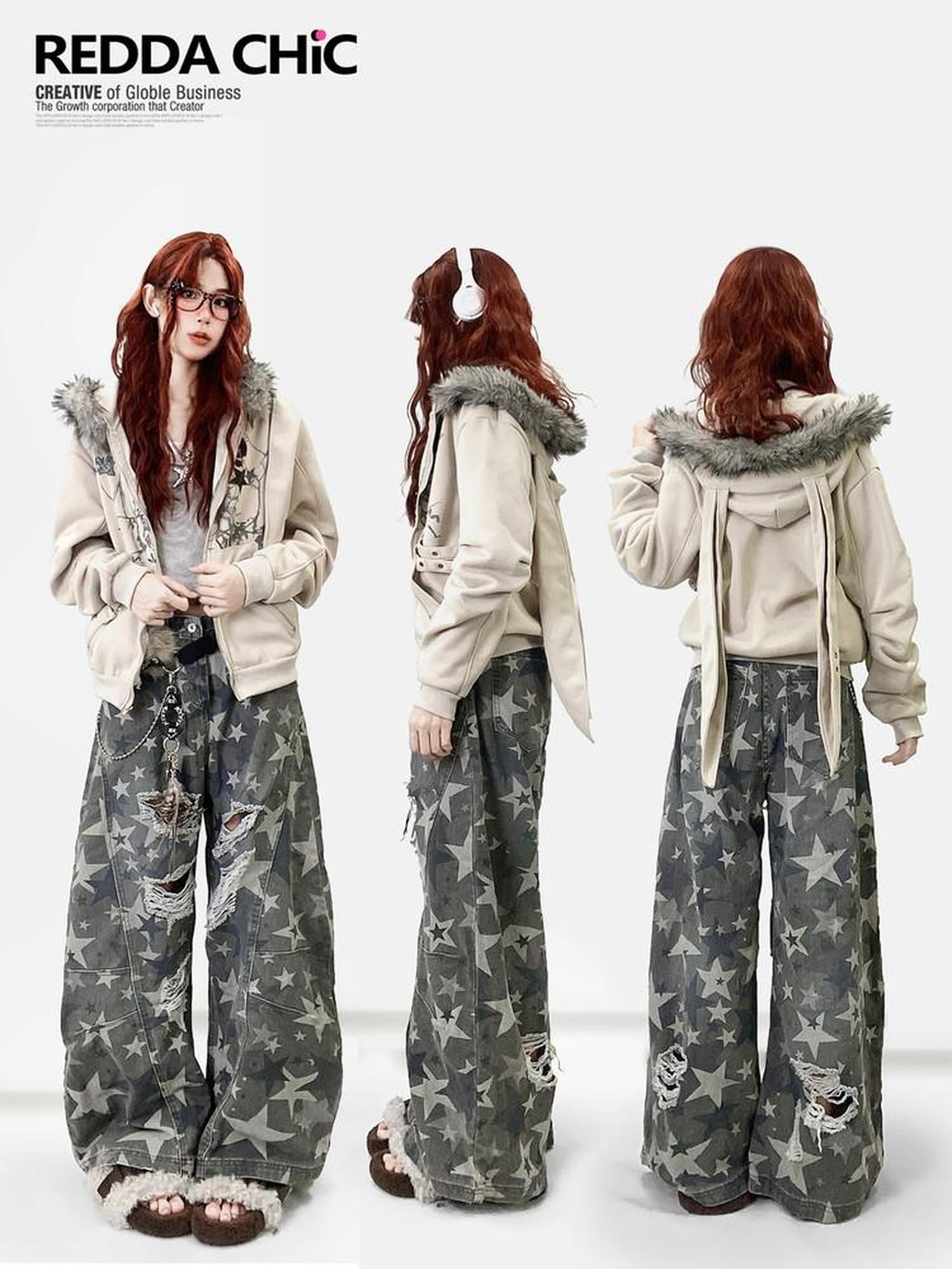 ReddaChic Apricot Loose Fit Hooded Zip Cardigan Cartoon Print Long Sleeve T-Shirts