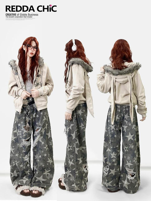 ReddaChic Apricot Loose Fit Hooded Zip Cardigan Cartoon Print Long Sleeve T-Shirts