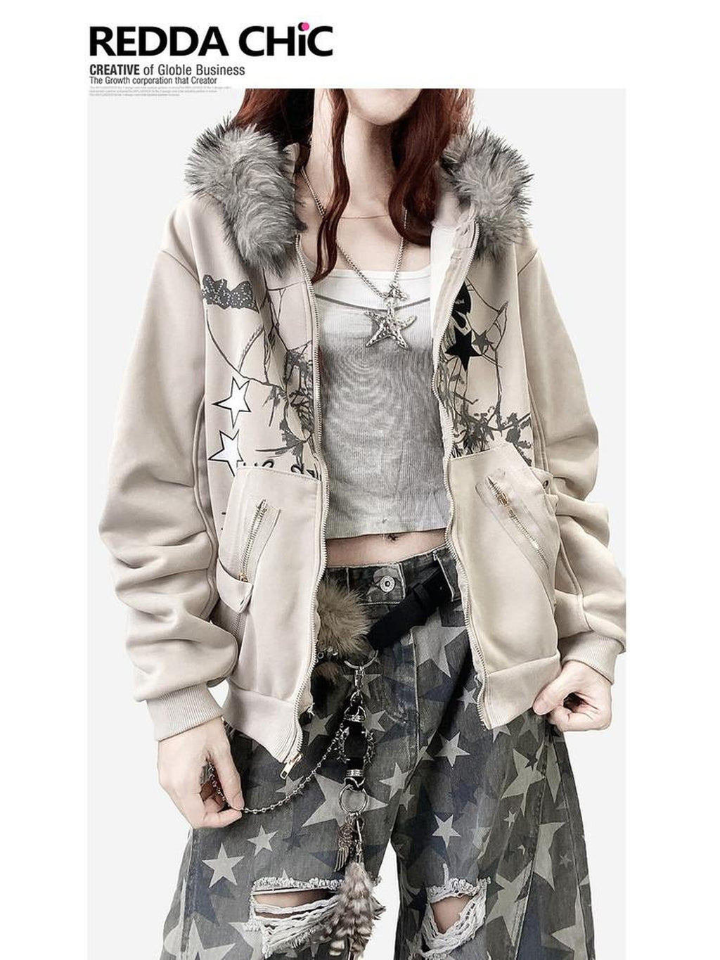 ReddaChic Apricot Loose Fit Hooded Zip Cardigan Cartoon Print Long Sleeve T-Shirts