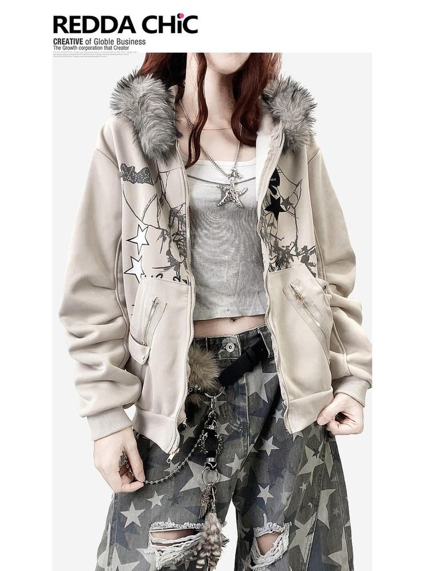 ReddaChic Apricot Loose Fit Hooded Zip Cardigan Cartoon Print Long Sleeve T-Shirts