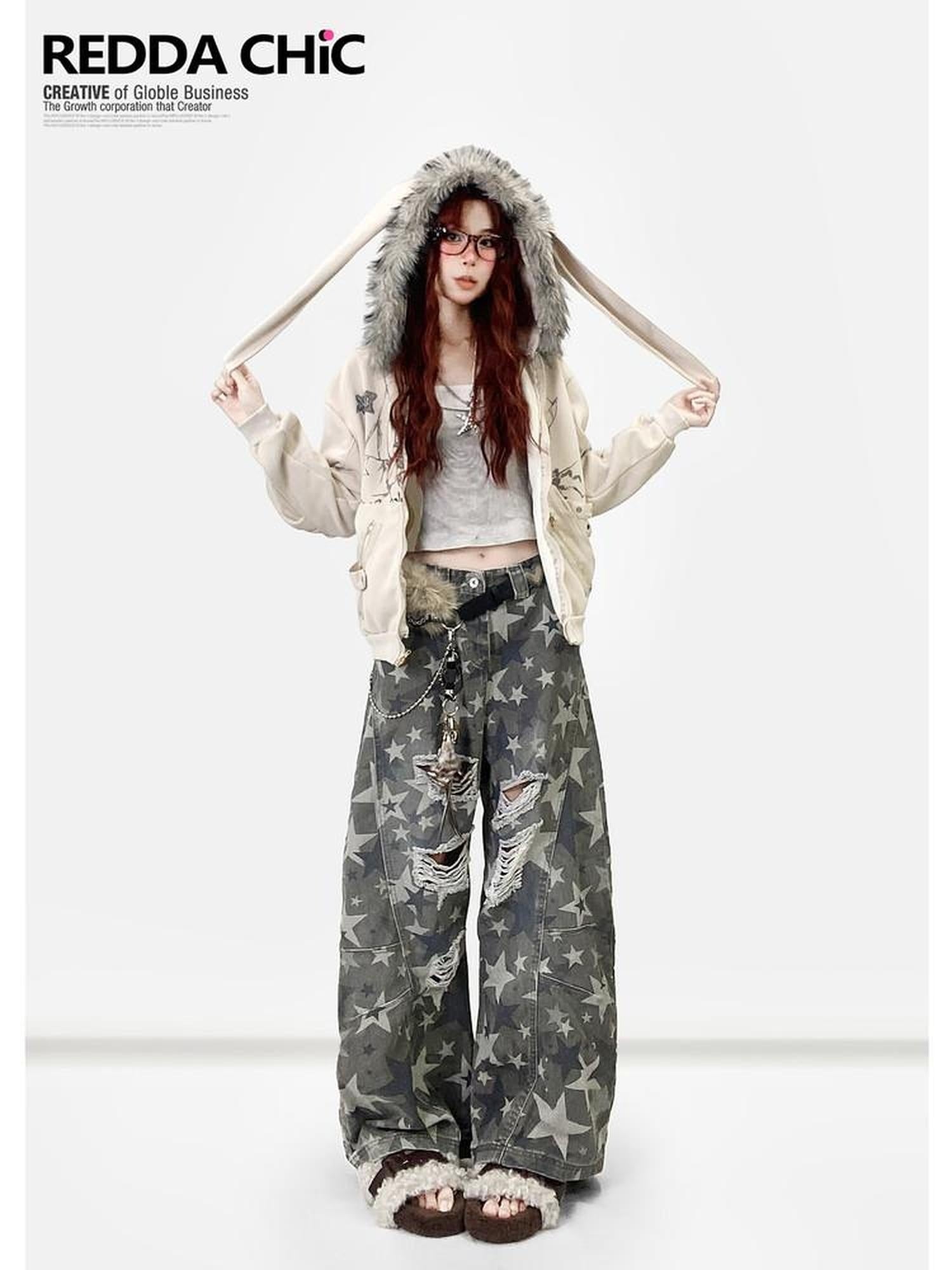 ReddaChic Apricot Loose Fit Hooded Zip Cardigan Cartoon Print Long Sleeve T-Shirts