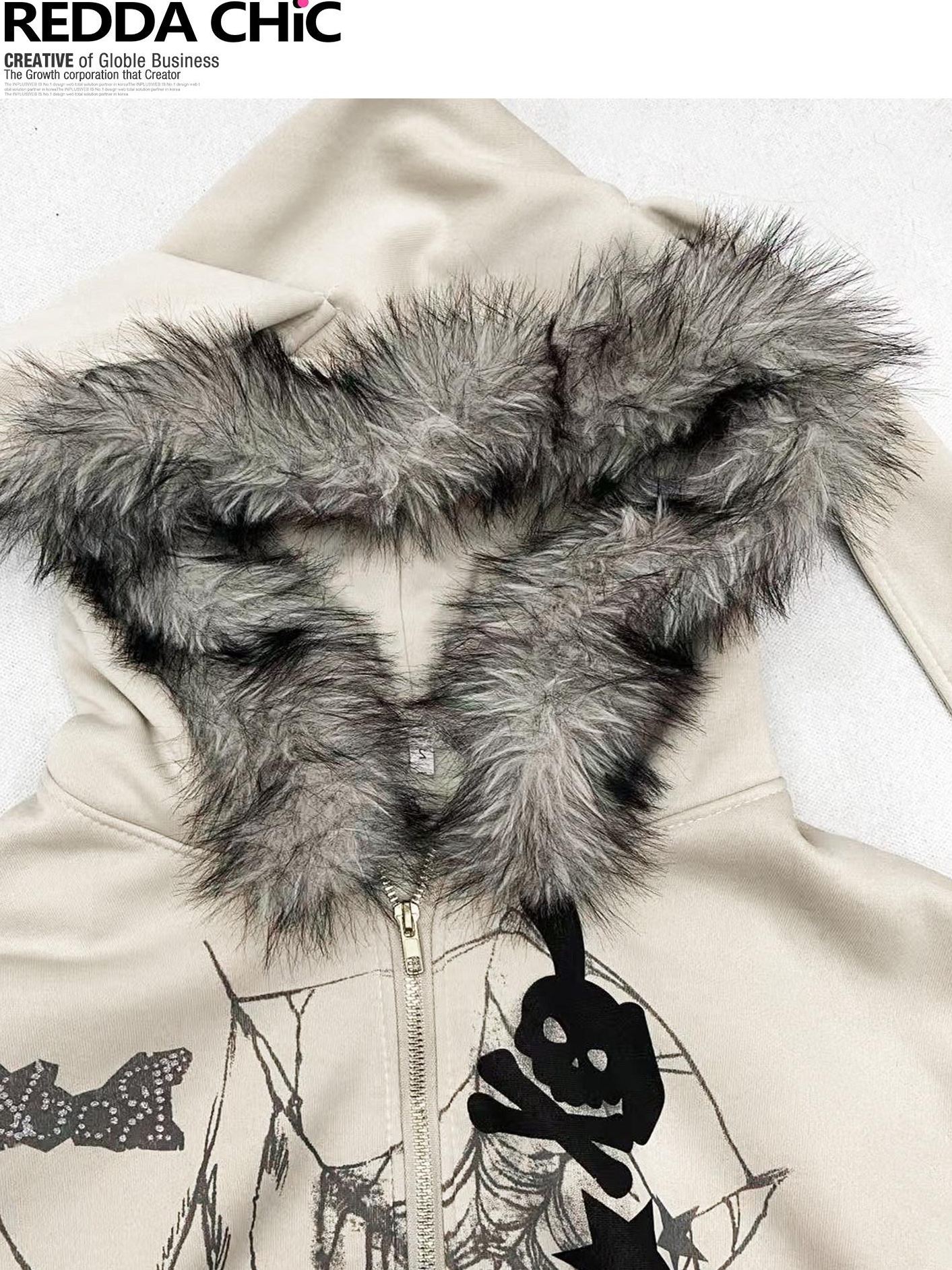 ReddaChic Apricot Loose Fit Hooded Zip Cardigan Cartoon Print Long Sleeve T-Shirts