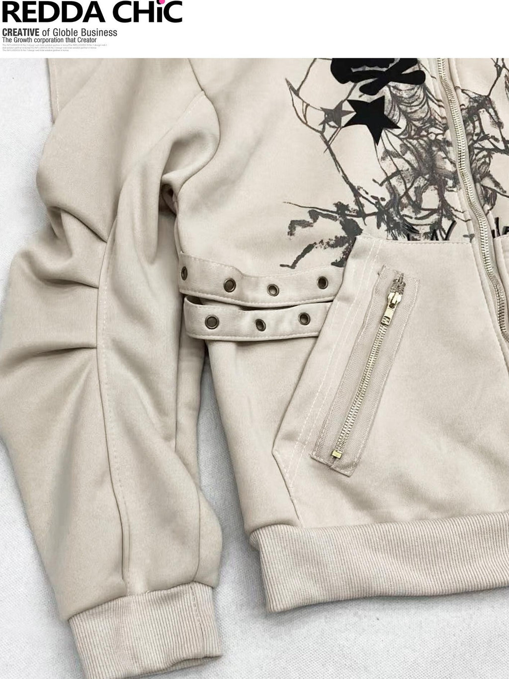 ReddaChic Apricot Loose Fit Hooded Zip Cardigan Cartoon Print Long Sleeve T-Shirts