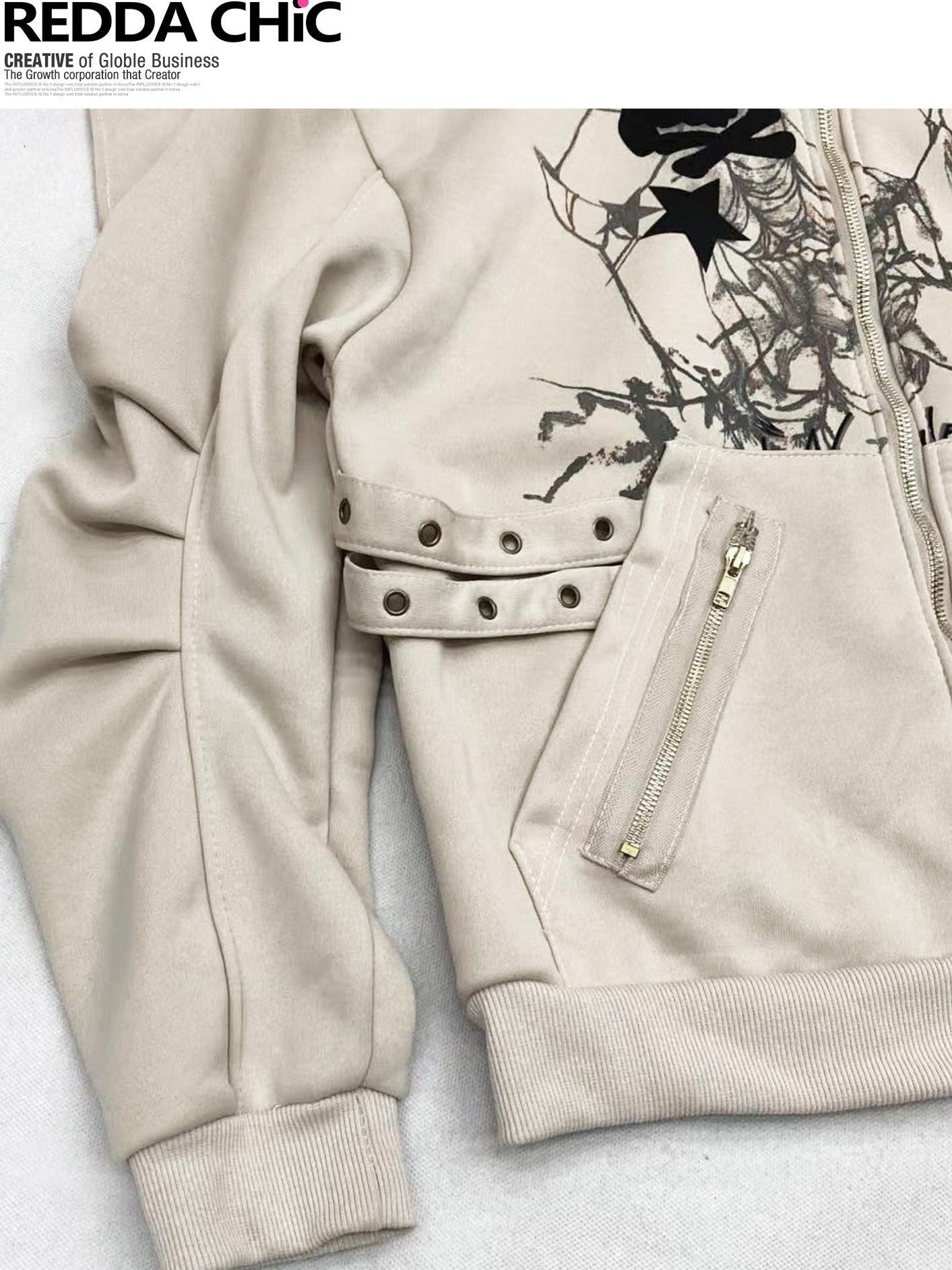 ReddaChic Apricot Loose Fit Hooded Zip Cardigan Cartoon Print Long Sleeve T-Shirts