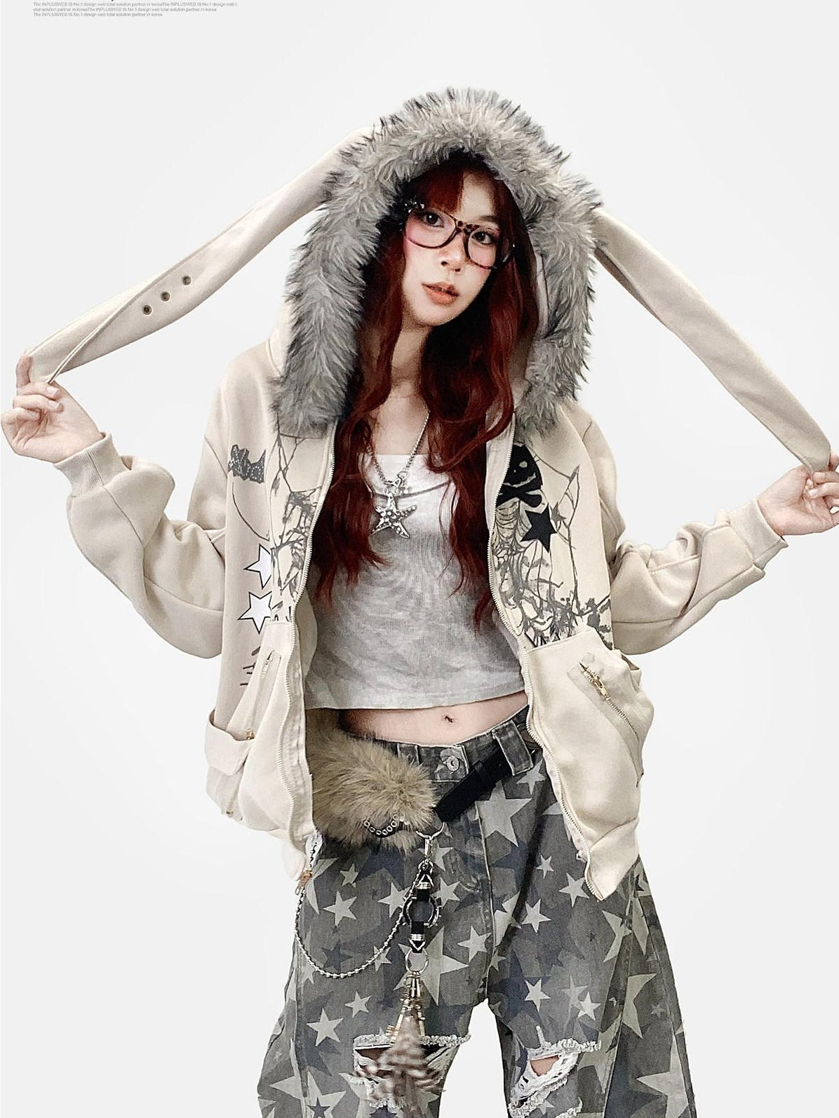 ReddaChic Apricot Loose Fit Hooded Zip Cardigan Cartoon Print Long Sleeve T-Shirts