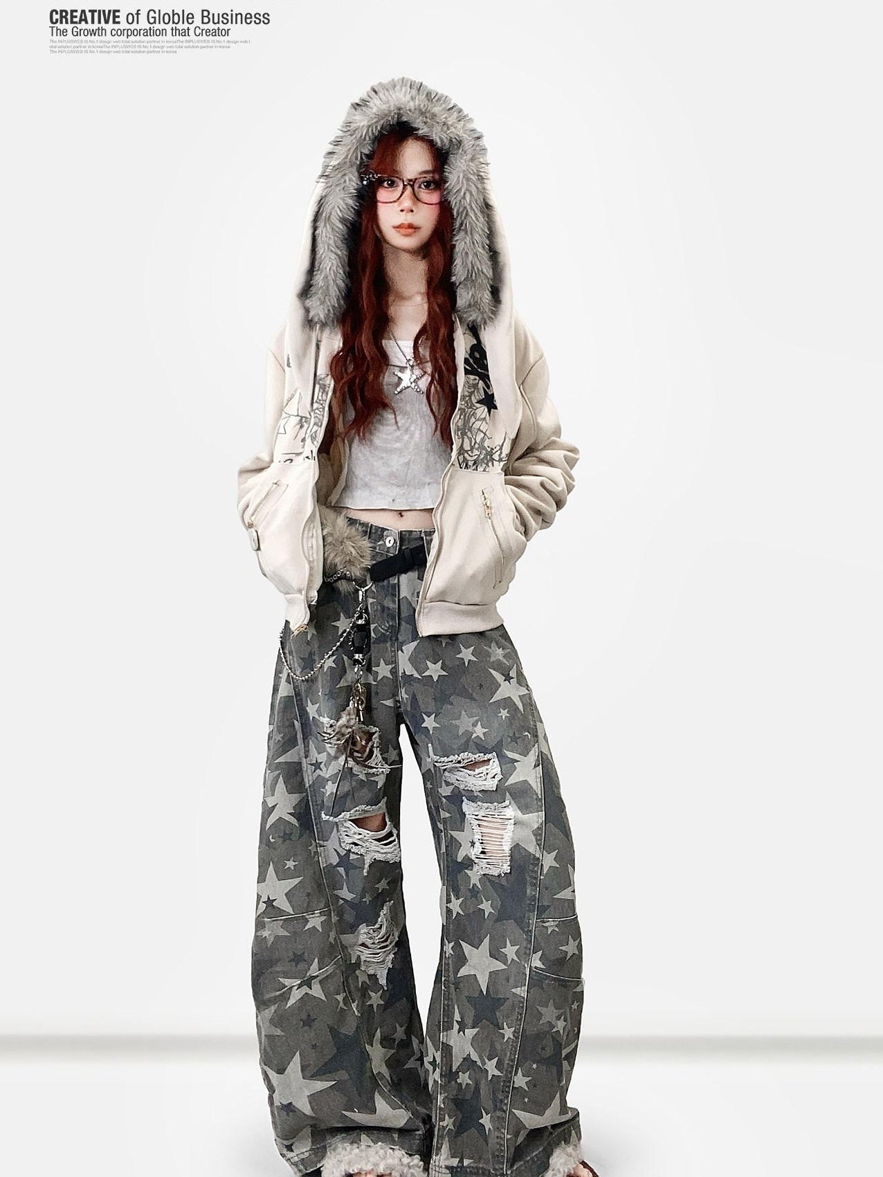 ReddaChic Apricot Loose Fit Hooded Zip Cardigan Cartoon Print Long Sleeve T-Shirts