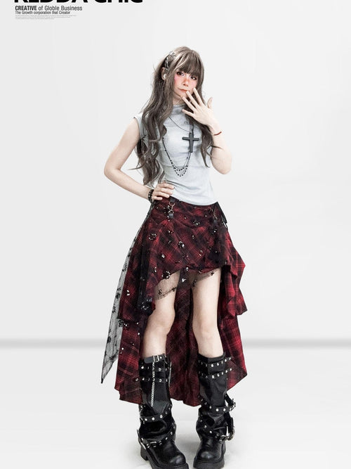 ReddaChic Asymmetrical Patchwork A Line Skirt Hem Mid Waist For Women Long Sleeve T-Shirts