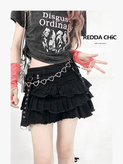 ReddaChic Asymmetrical Ruffle Patchwork Streetwear Denim Black Long Sleeve T-Shirts