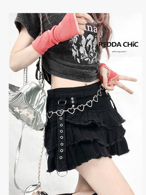 ReddaChic Asymmetrical Ruffle Patchwork Streetwear Denim Black Long Sleeve T-Shirts