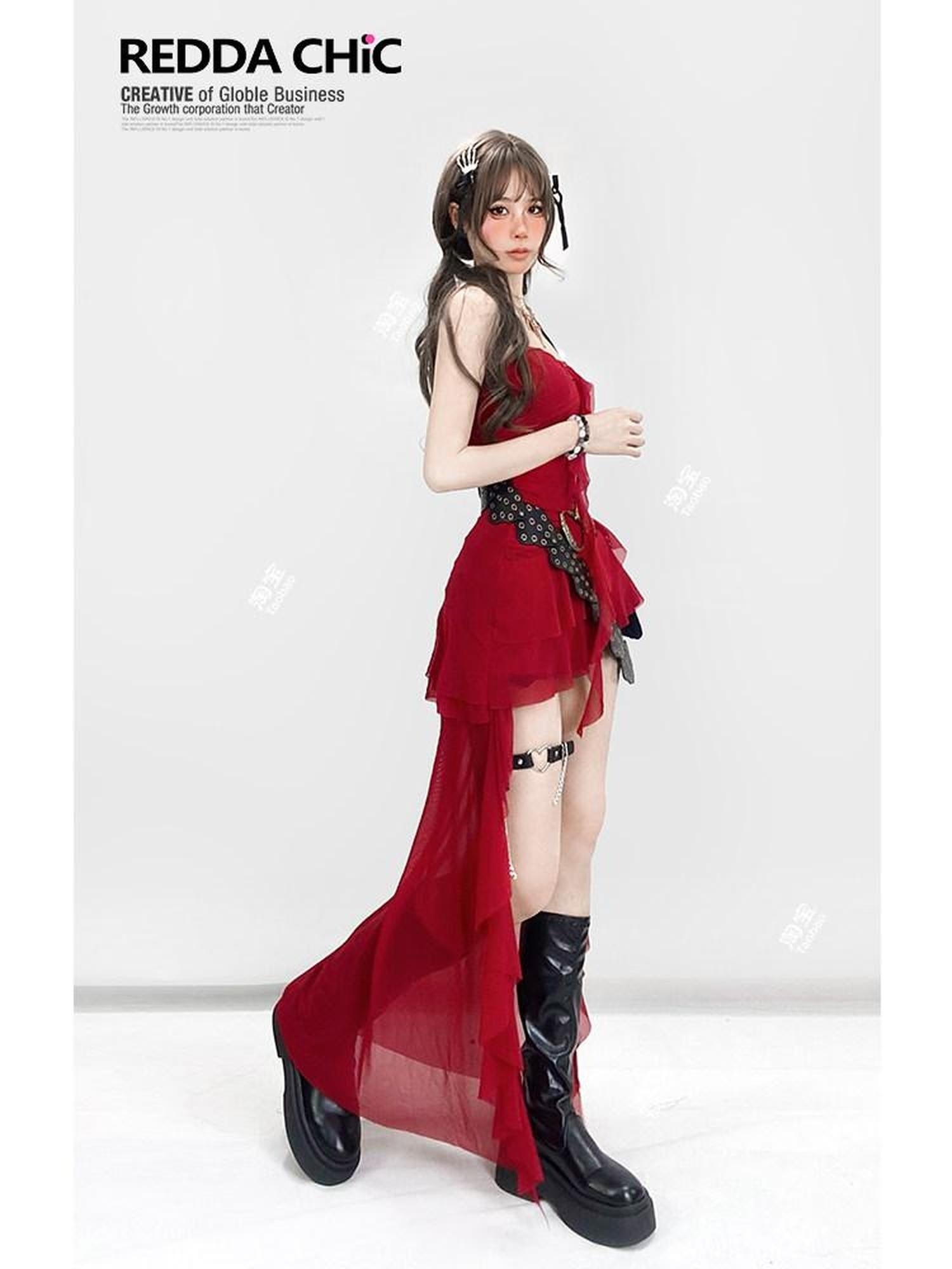 ReddaChic Backless Mesh Street Slim Strappy Pullover Women Solid Red Casual Midi Dresses