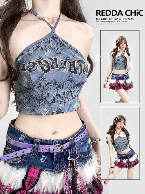 ReddaChic Blue Tie Dye Letter Print Halter Slim Cropped Street Long Sleeve T-Shirts