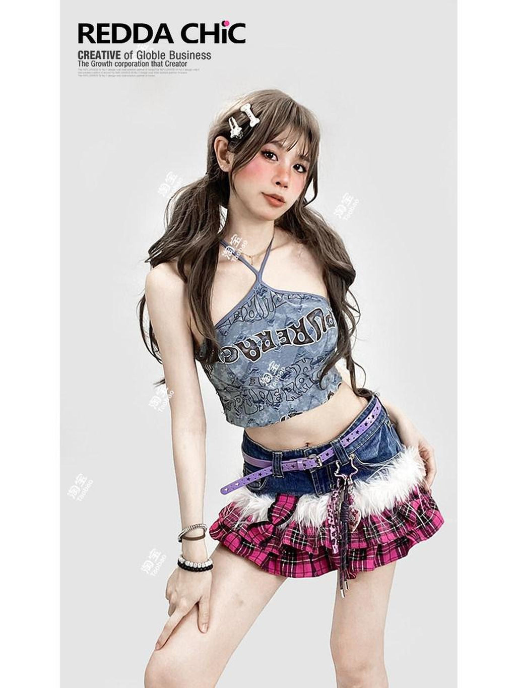 ReddaChic Blue Tie Dye Letter Print Halter Slim Cropped Street Long Sleeve T-Shirts
