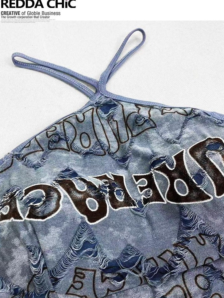 ReddaChic Blue Tie Dye Letter Print Halter Slim Cropped Street Long Sleeve T-Shirts