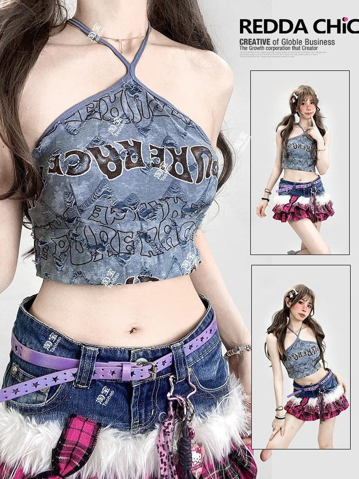 ReddaChic Blue Tie Dye Letter Print Halter Slim Cropped Street Long Sleeve T-Shirts