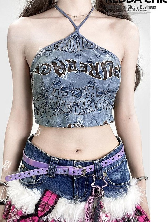 ReddaChic Blue Tie Dye Letter Print Halter Slim Cropped Street Long Sleeve T-Shirts