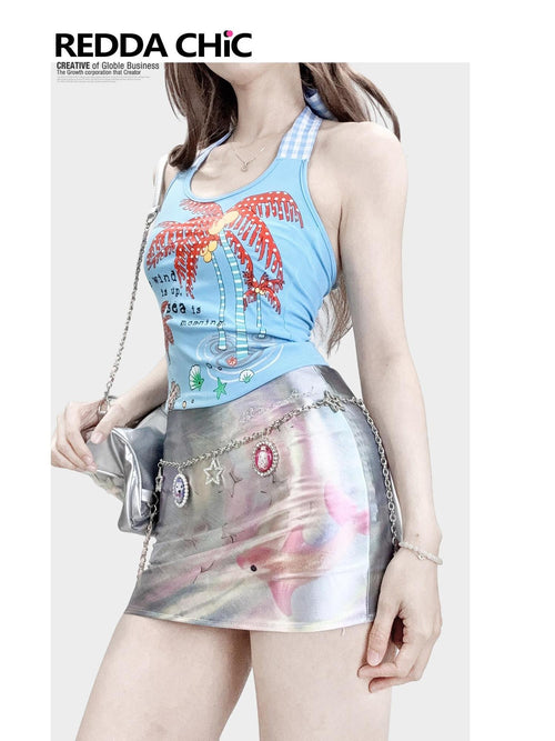 ReddaChic Bow Accent Halter Slim Crop Women Floral Plaid Letter Print Sky Blue Tank Tops