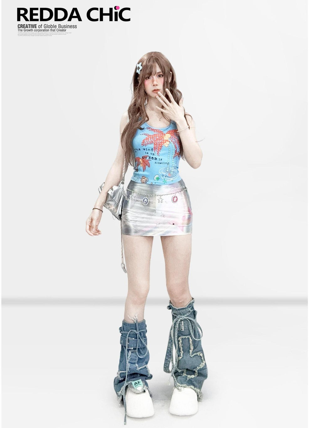 ReddaChic Bow Accent Halter Slim Crop Women Floral Plaid Letter Print Sky Blue Tank Tops