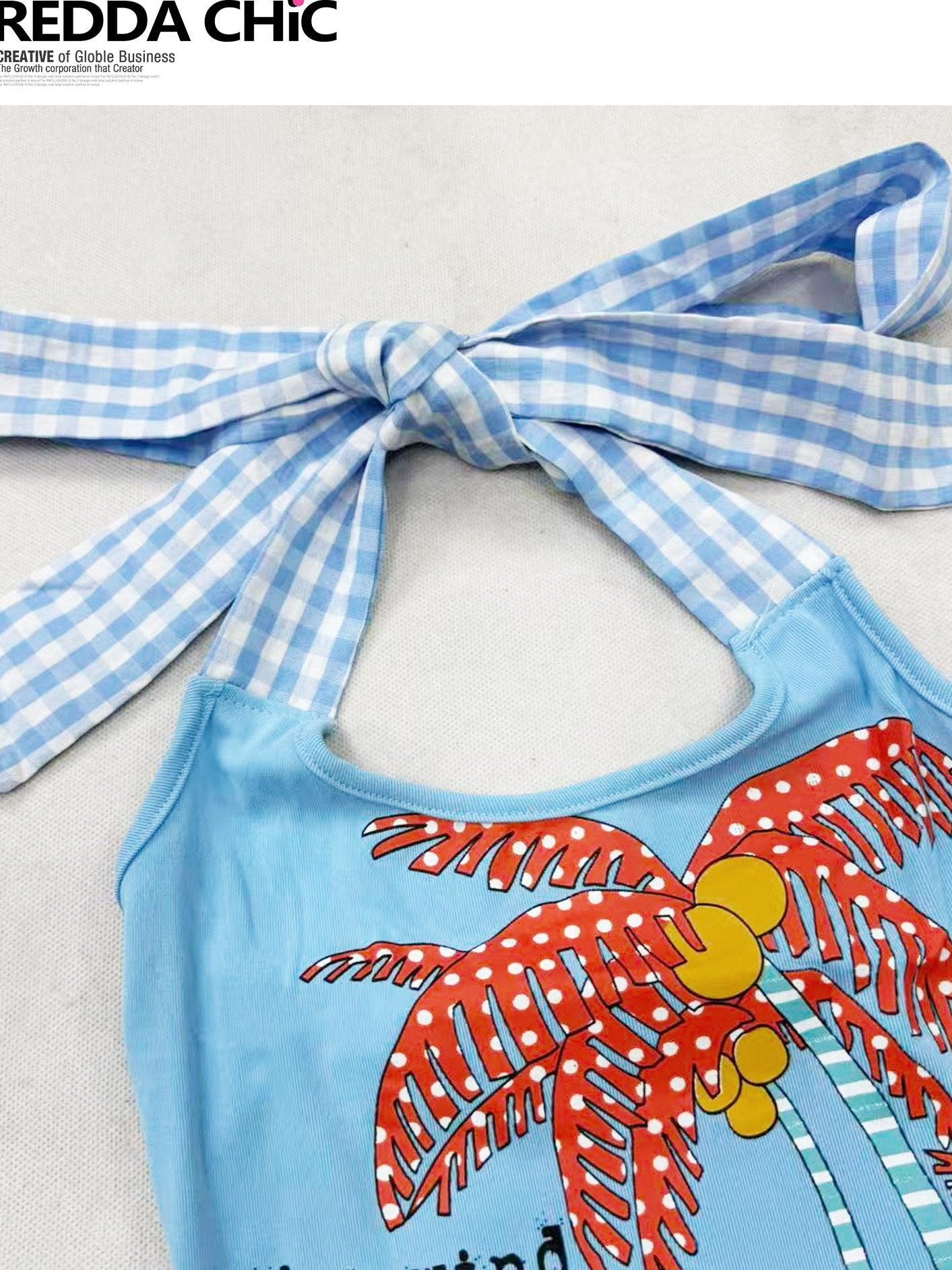ReddaChic Bow Accent Halter Slim Crop Women Floral Plaid Letter Print Sky Blue Tank Tops