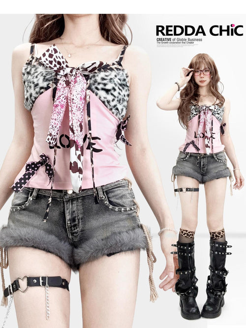 ReddaChic Bow Detail Slim Fit For Women Leopard Print Pink Triacetate Flare Jeans