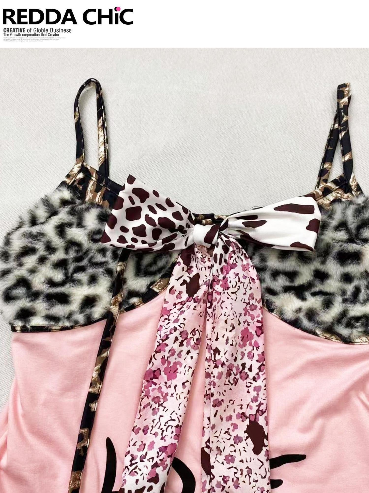 ReddaChic Bow Detail Slim Fit For Women Leopard Print Pink Triacetate Flare Jeans