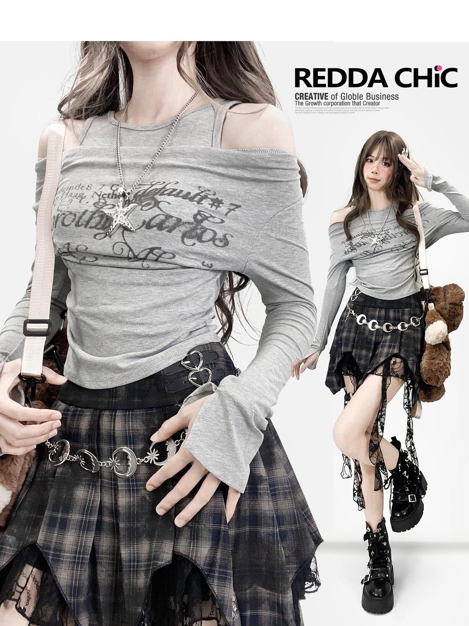 ReddaChic Breathable Cross Print Slim Bell Sleeve Cropped Women Gray Long Sleeve T-Shirts