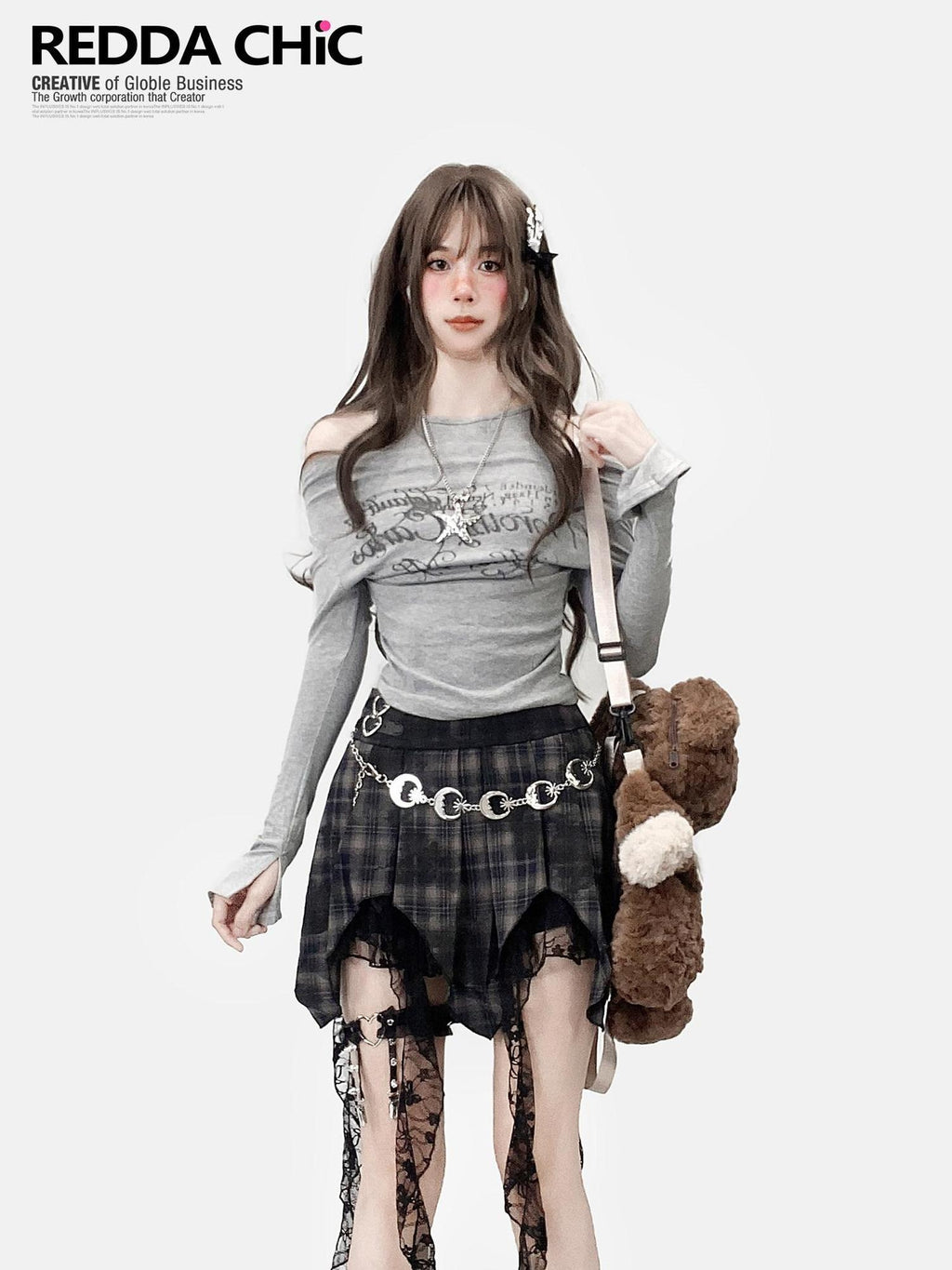 ReddaChic Breathable Cross Print Slim Bell Sleeve Cropped Women Gray Long Sleeve T-Shirts