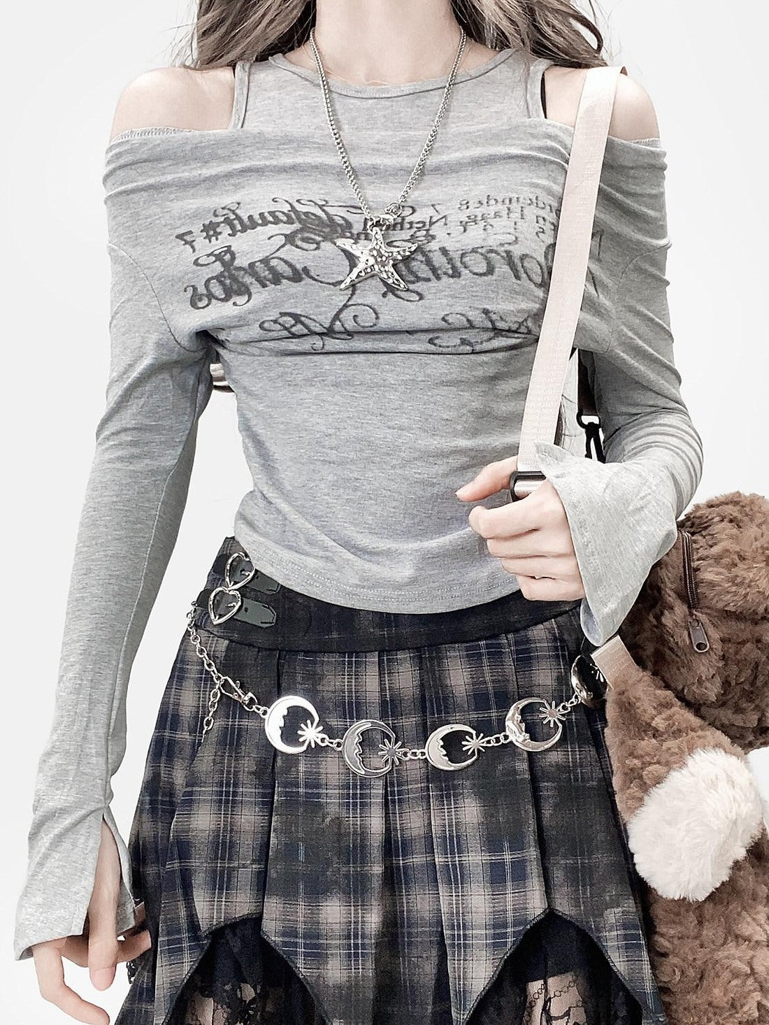 ReddaChic Breathable Cross Print Slim Bell Sleeve Cropped Women Gray Long Sleeve T-Shirts