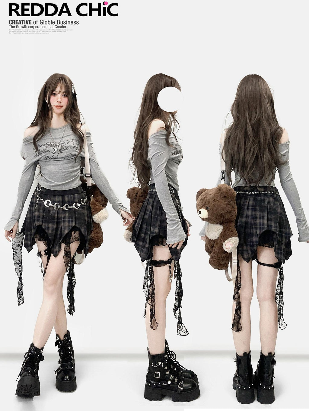 ReddaChic Breathable Cross Print Slim Bell Sleeve Cropped Women Gray Long Sleeve T-Shirts