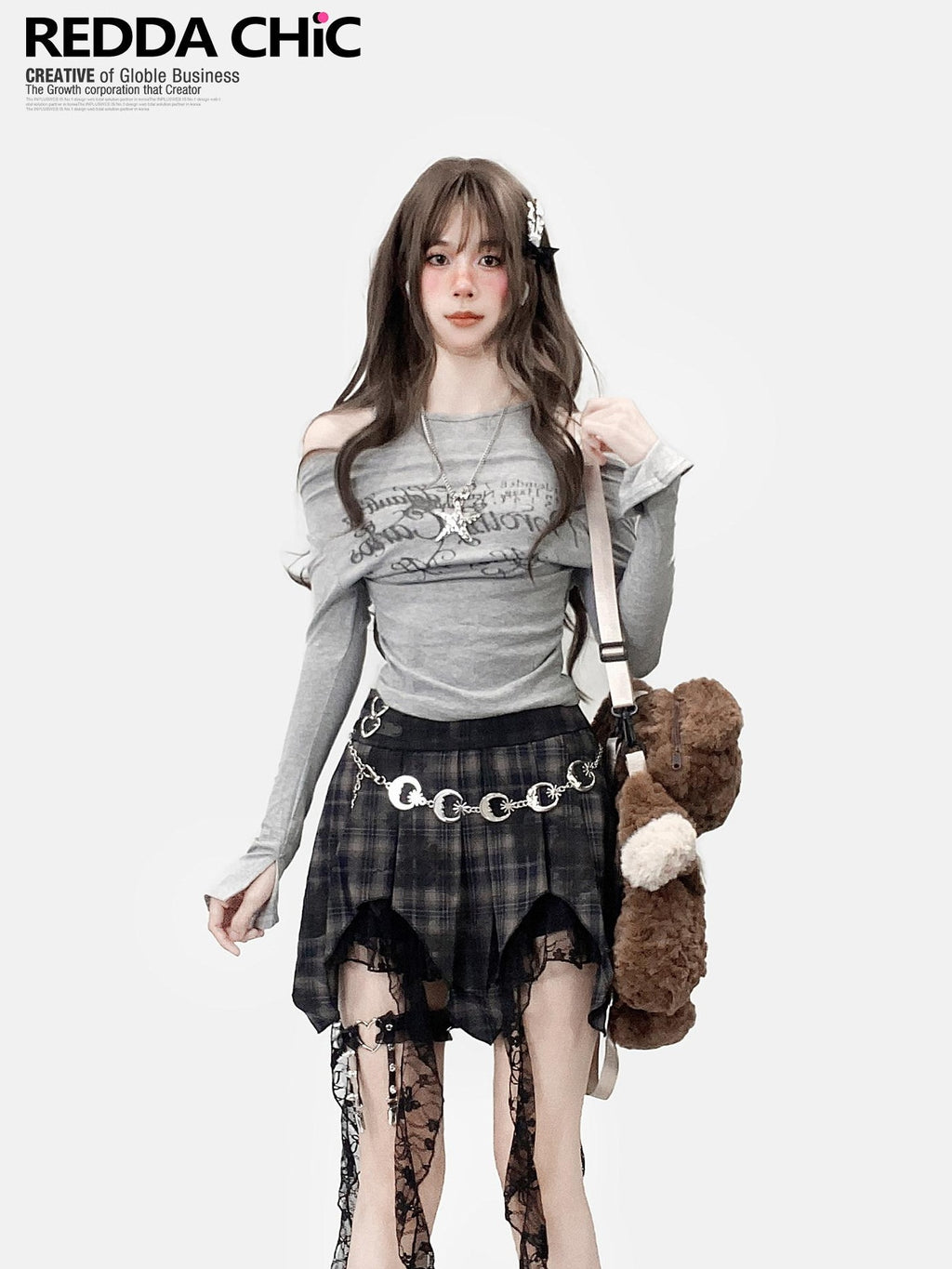 ReddaChic Breathable Cross Print Slim Bell Sleeve Cropped Women Gray Long Sleeve T-Shirts