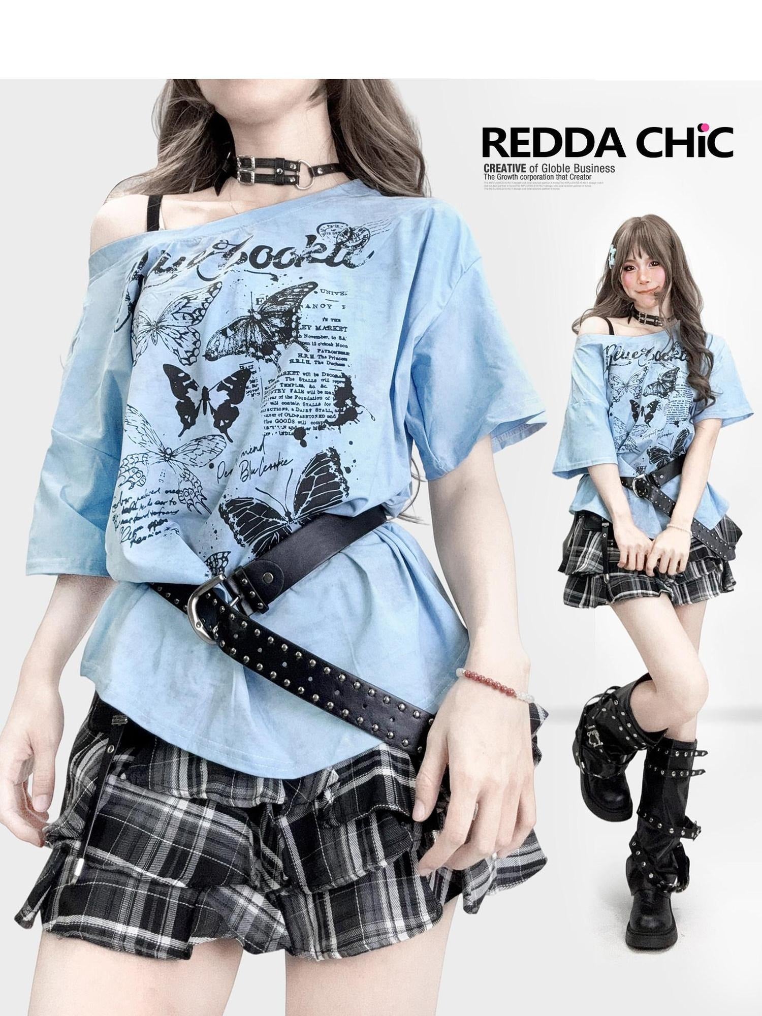 ReddaChic Butterfly Print Loose Fit Drop Shoulder Women Polyester Long Sleeve T-Shirts