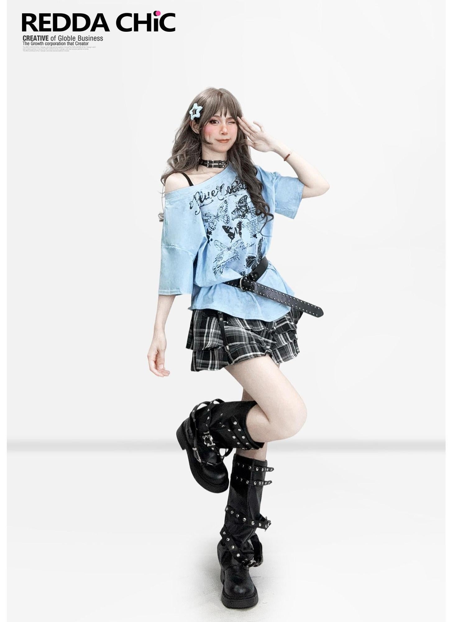ReddaChic Butterfly Print Loose Fit Drop Shoulder Women Polyester Long Sleeve T-Shirts